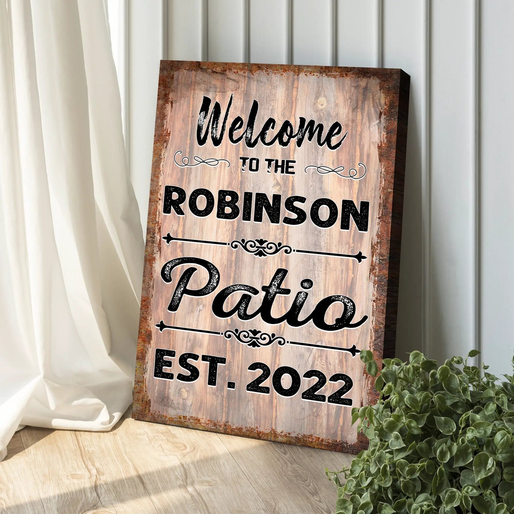 Welcome To The Patio Sign IV canvas rustic wood with black lettering by Tailored Canvases on Tampa Home & Garden Store