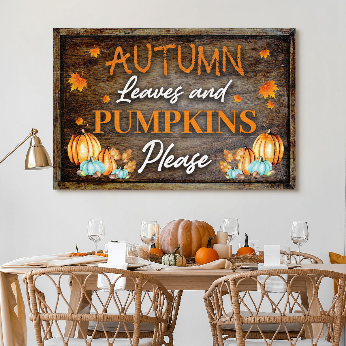 Canvas sign Autumn Leaves and Pumpkins Please Sign Tailored Canvases rustic wood on Tampa Home & Garden Store