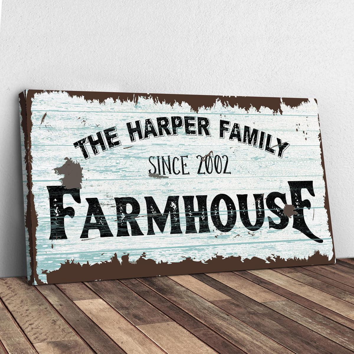 Family Farmhouse Sign IV canvas with distressed blue wood and brown trim on Tampa Home & Garden Store