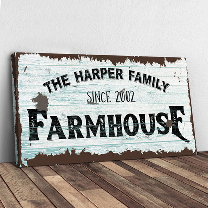 Family Farmhouse Sign IV canvas with distressed blue wood and brown trim on Tampa Home & Garden Store