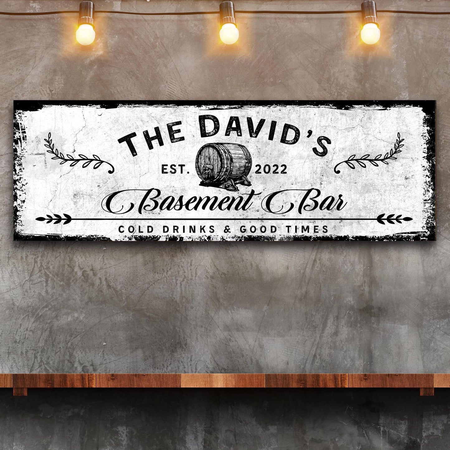 Basement Bar Barrel Sign canvas by Tailored Canvases with distressed white background and barrel on Tampa Home & Garden Store