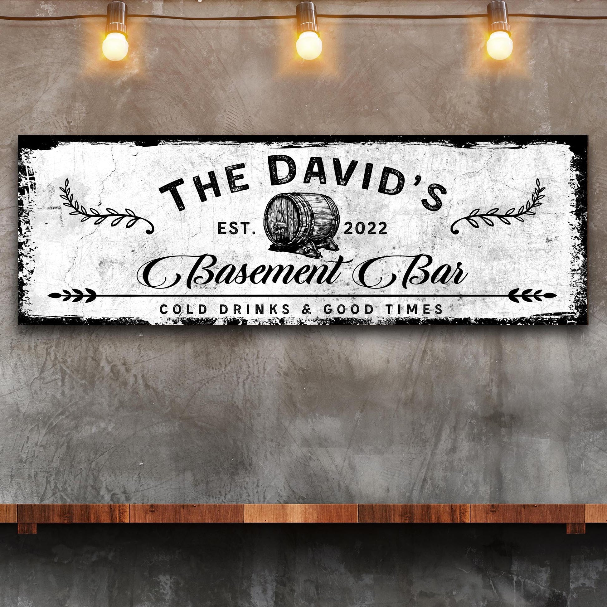 Basement Bar Barrel Sign canvas by Tailored Canvases with distressed white background and barrel on Tampa Home & Garden Store