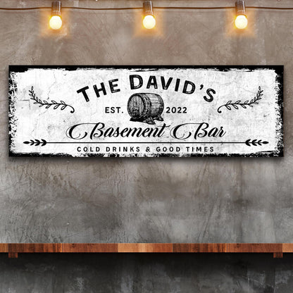 Basement Bar Barrel Sign canvas by Tailored Canvases with distressed white background and barrel on Tampa Home & Garden Store