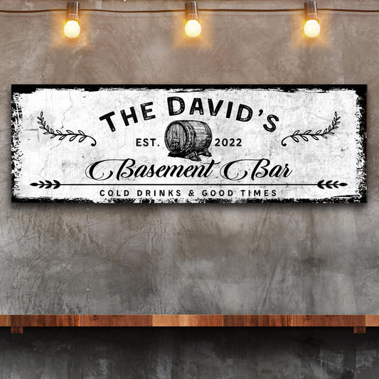 Basement Bar Barrel Sign canvas by Tailored Canvases with distressed white background and barrel on Tampa Home & Garden Store