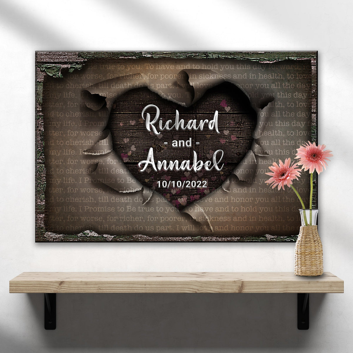 Unwrapped Heart Wedding Vows Sign canvas by Tailored Canvases with rustic wood panel on Tampa Home & Garden Store