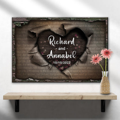 Unwrapped Heart Wedding Vows Sign canvas by Tailored Canvases with rustic wood panel on Tampa Home & Garden Store