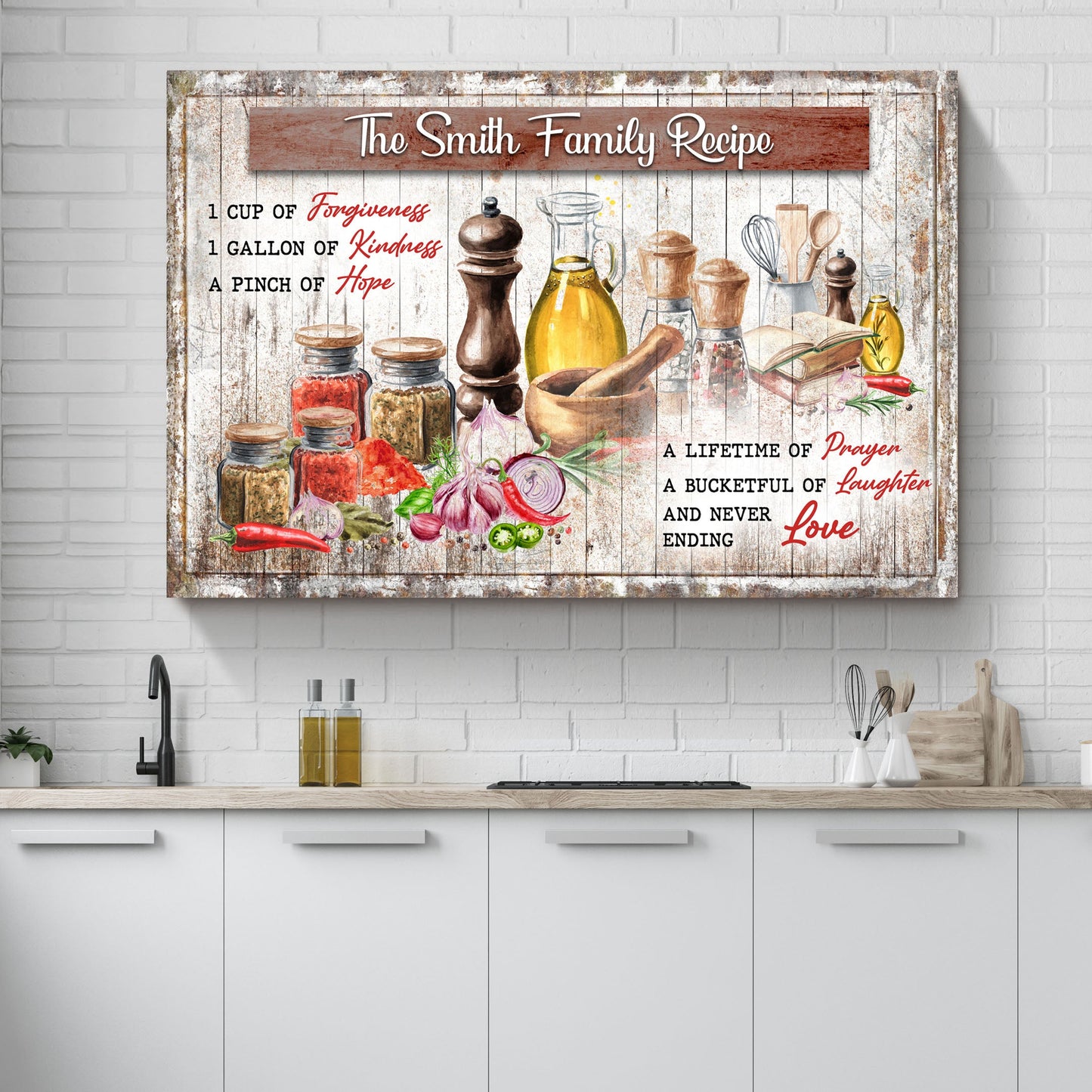 The Family Recipe Sign II canvas wall art with rustic wood backdrop, jars and oil bottle on Tampa Home & Garden Store