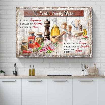 The Family Recipe Sign II canvas wall art with rustic wood backdrop, jars and oil bottle on Tampa Home & Garden Store