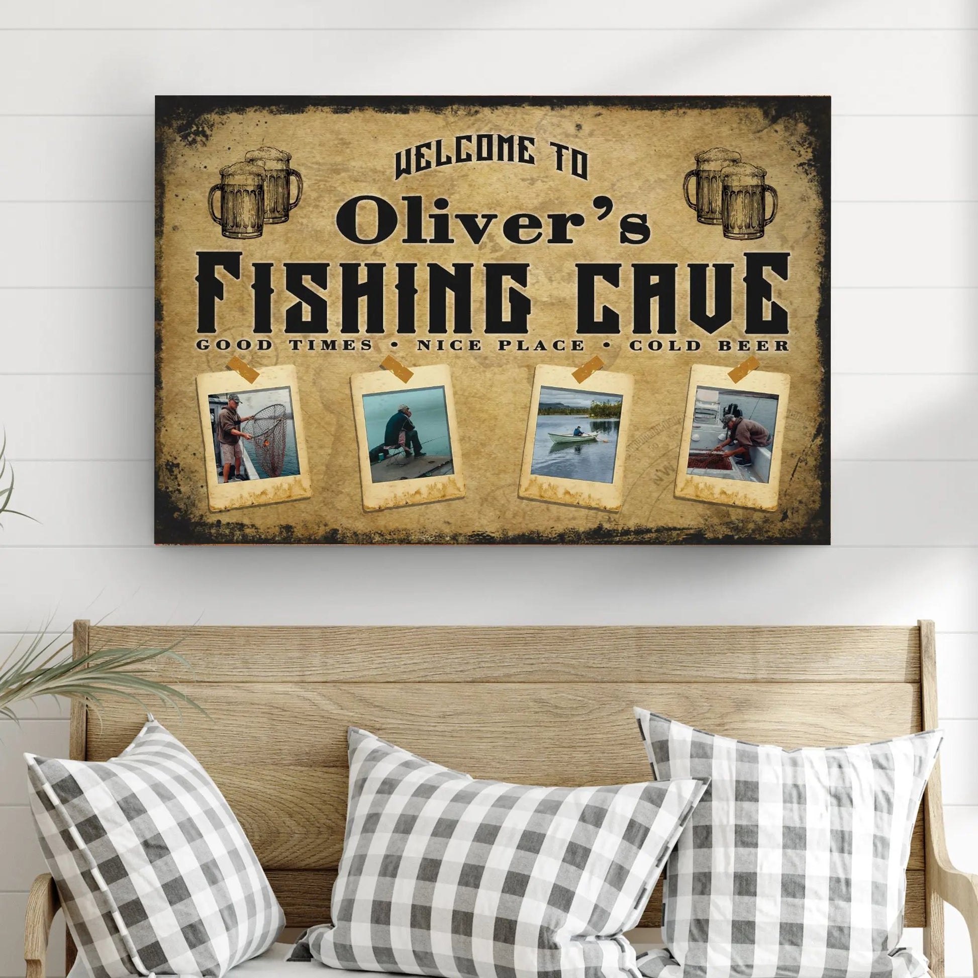 Canvas sign Welcome to Oliver's Fishing Cove with vintage motif Tailored Canvases crafting canvas on Tampa Home & Garden Store