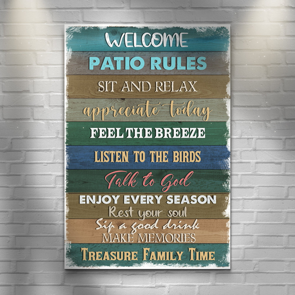 Patio Rules sign canvas by Tailored Canvases wood plank panels with bold lettering on Tampa Home & Garden Store