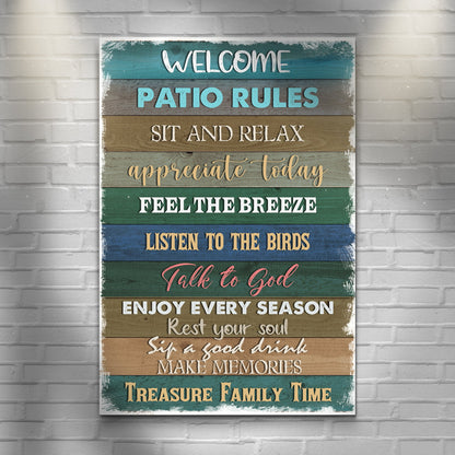 Patio Rules sign canvas by Tailored Canvases wood plank panels with bold lettering on Tampa Home & Garden Store