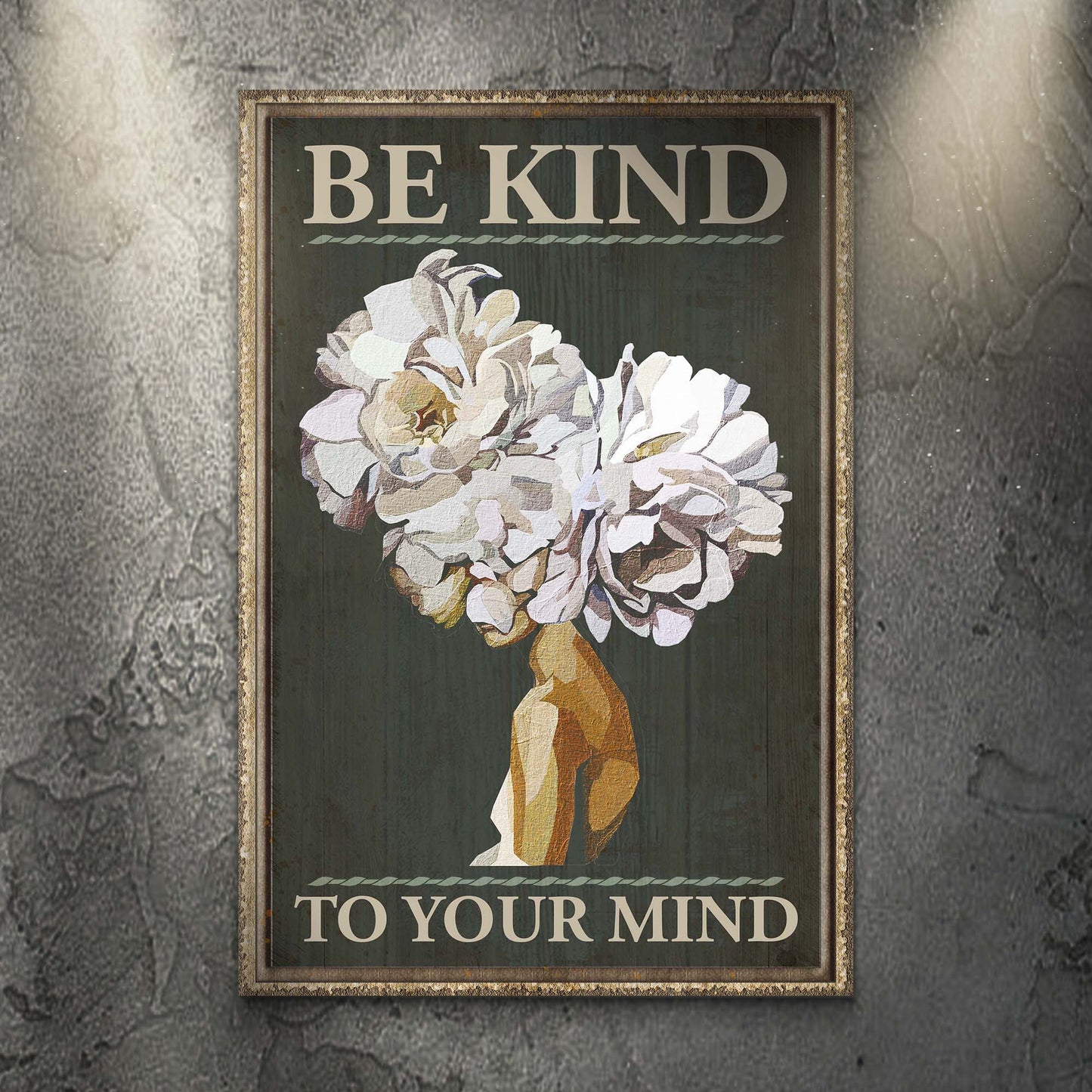 Be Kind To Your Mind Sign II canvas with dark background and pale floral bouquet on Tampa Home & Garden Store