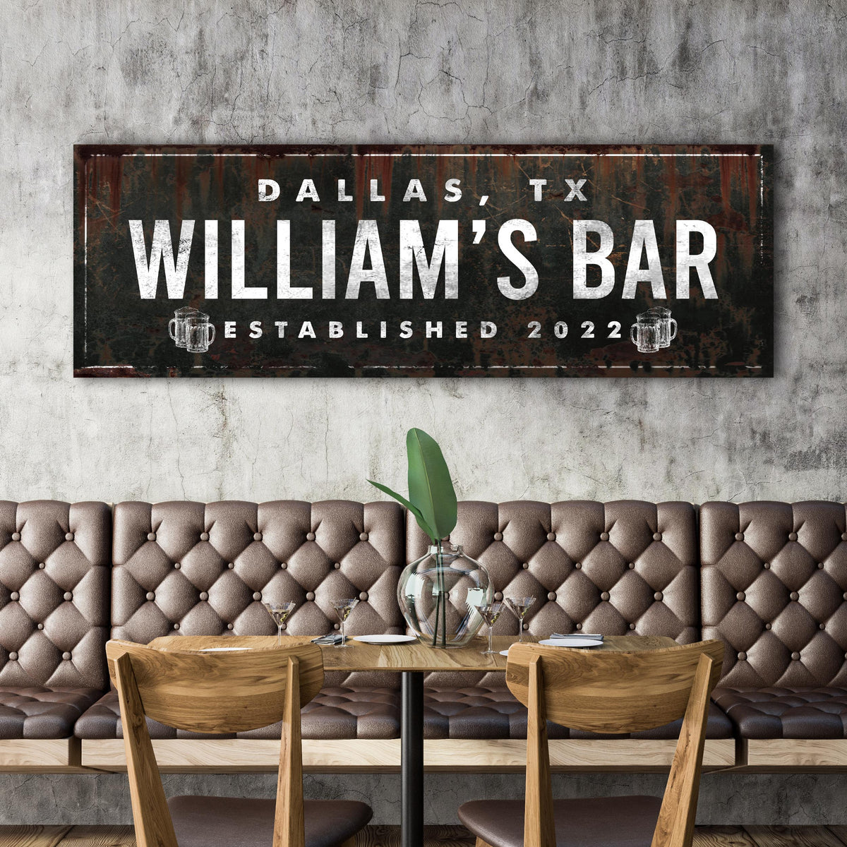 Rustic Bar Sign canvas by Tailored Canvases with bold Dallas, TX William's Bar lettering on Tampa Home & Garden Store