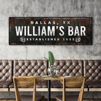 Rustic Bar Sign canvas by Tailored Canvases with bold Dallas, TX William's Bar lettering on Tampa Home & Garden Store