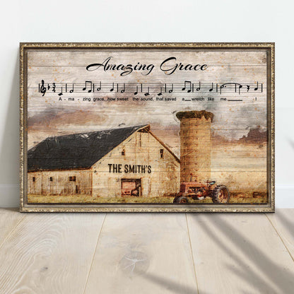 Amazing Grace Family Sign II canvas by Tailored Canvases with rustic wood panel and musical notes on Tampa Home & Garden Store