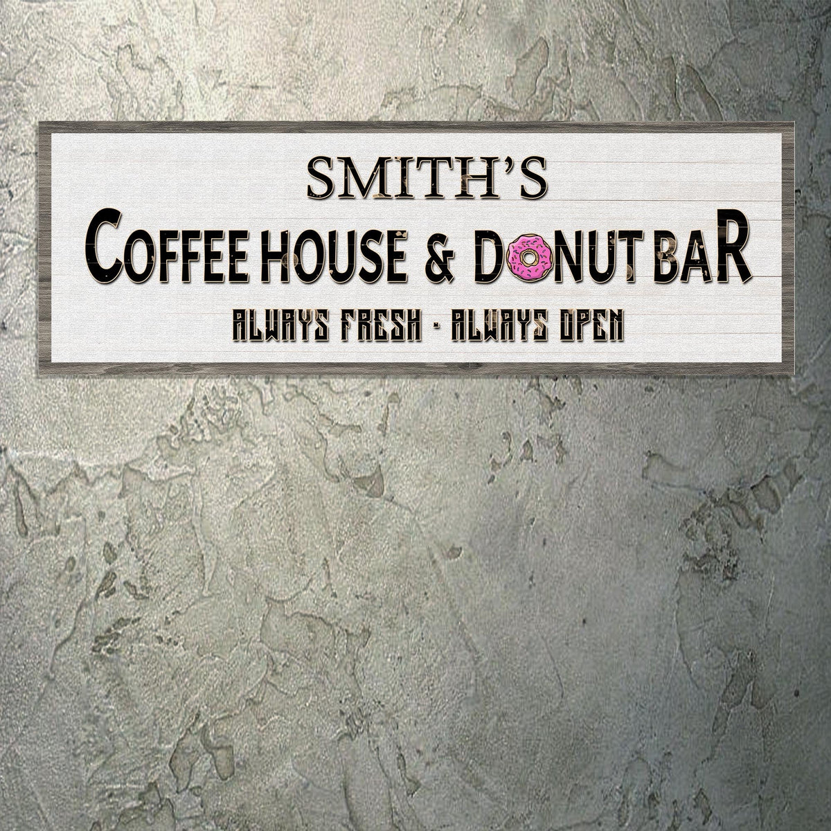 Coffee House And Donut Bar Sign II canvas by Tailored Canvases with black lettering donut on Tampa Home & Garden Store