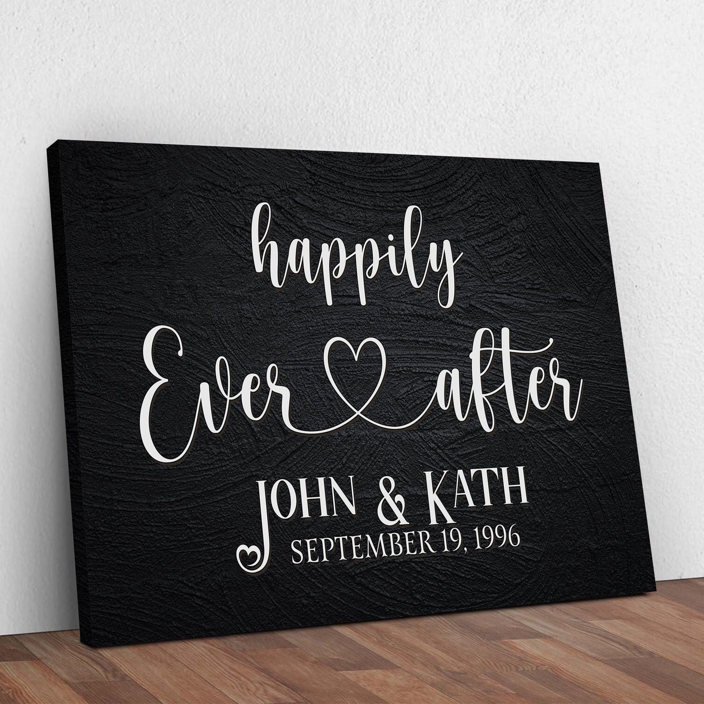 Canvas Happily Ever After Couple Sign VII by Tailored Canvases, white script on black canvas on Tampa Home & Garden Store