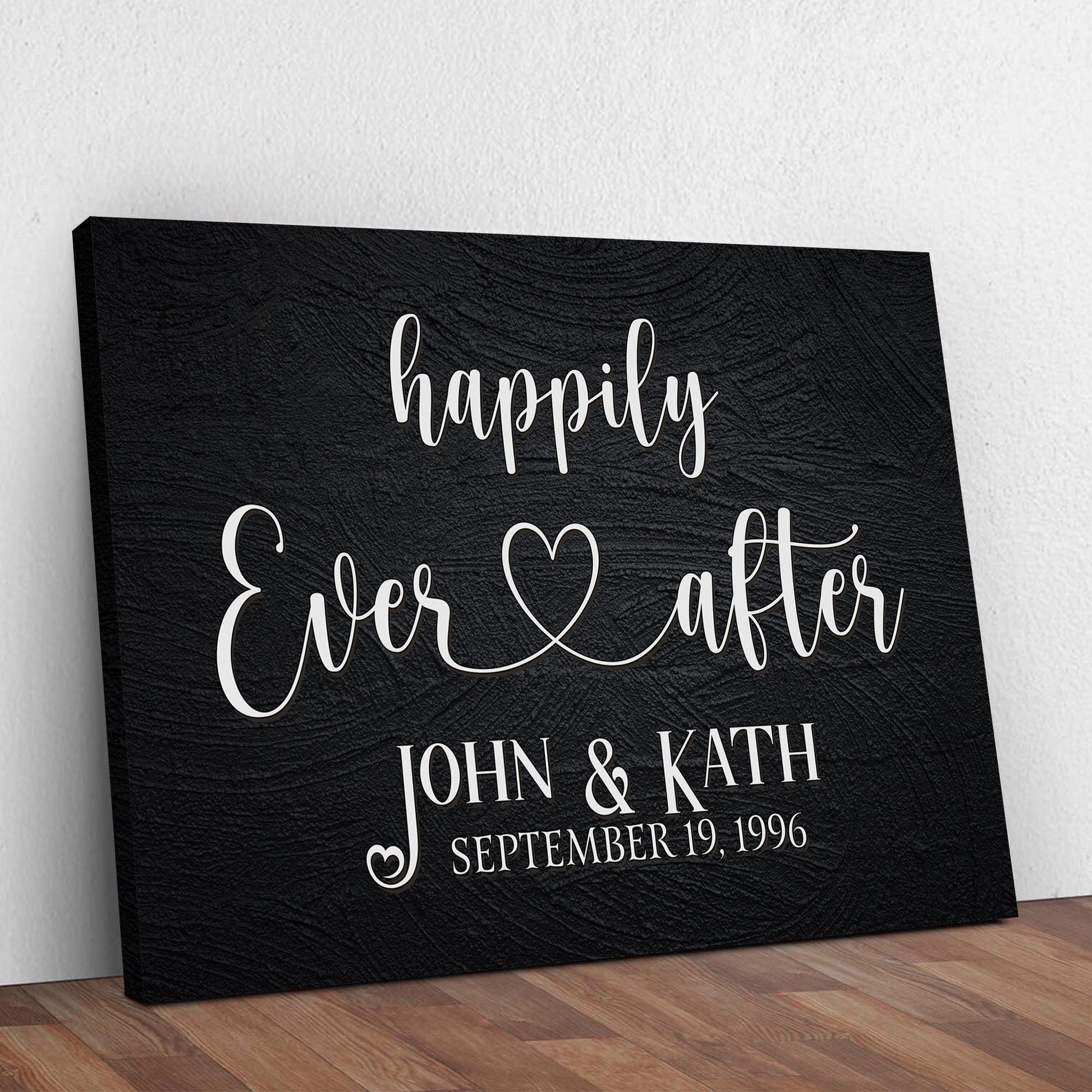 Canvas Happily Ever After Couple Sign VII by Tailored Canvases, white script on black canvas on Tampa Home & Garden Store