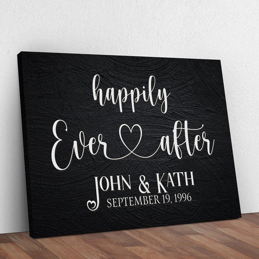 Canvas Happily Ever After Couple Sign VII by Tailored Canvases, white script on black canvas on Tampa Home & Garden Store