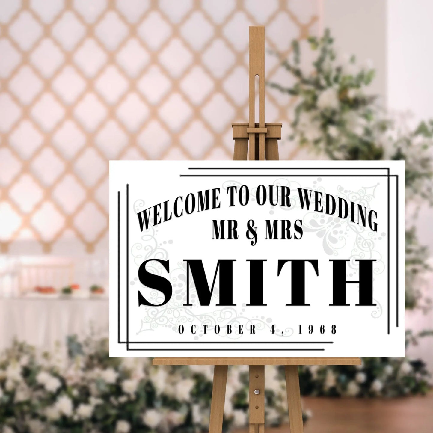 Canvas Welcome To Our Wedding Sign III by Tailored Canvases on an easel on Tampa Home & Garden Store