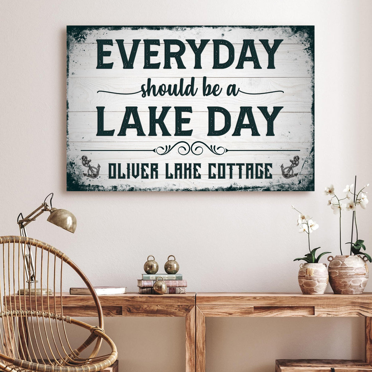 Canvas sign Everyday Should Be A Lake Day by Tailored Canvases teal lettering on panel on Tampa Home & Garden Store
