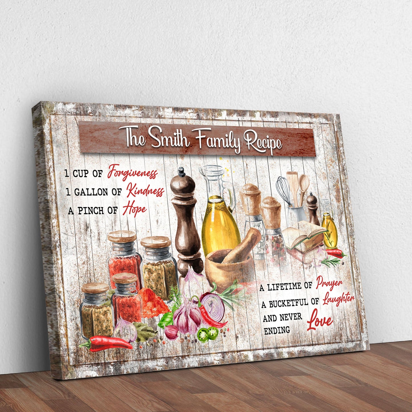 The Family Recipe Sign II canvas by Tailored Canvases; rustic wood-frame crafting print with recipe typography and kitchen ingredients on Tampa Home & Garden Store