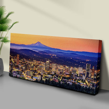 Portland Oregon Skyline Canvas Wall Art by Tailored Canvases, cityscape over orange sunset on Tampa Home & Garden Store