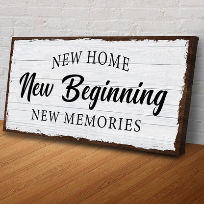 New Home Sign canvas with weathered wood and black script New Beginnings and Memories on Tampa Home & Garden Store
