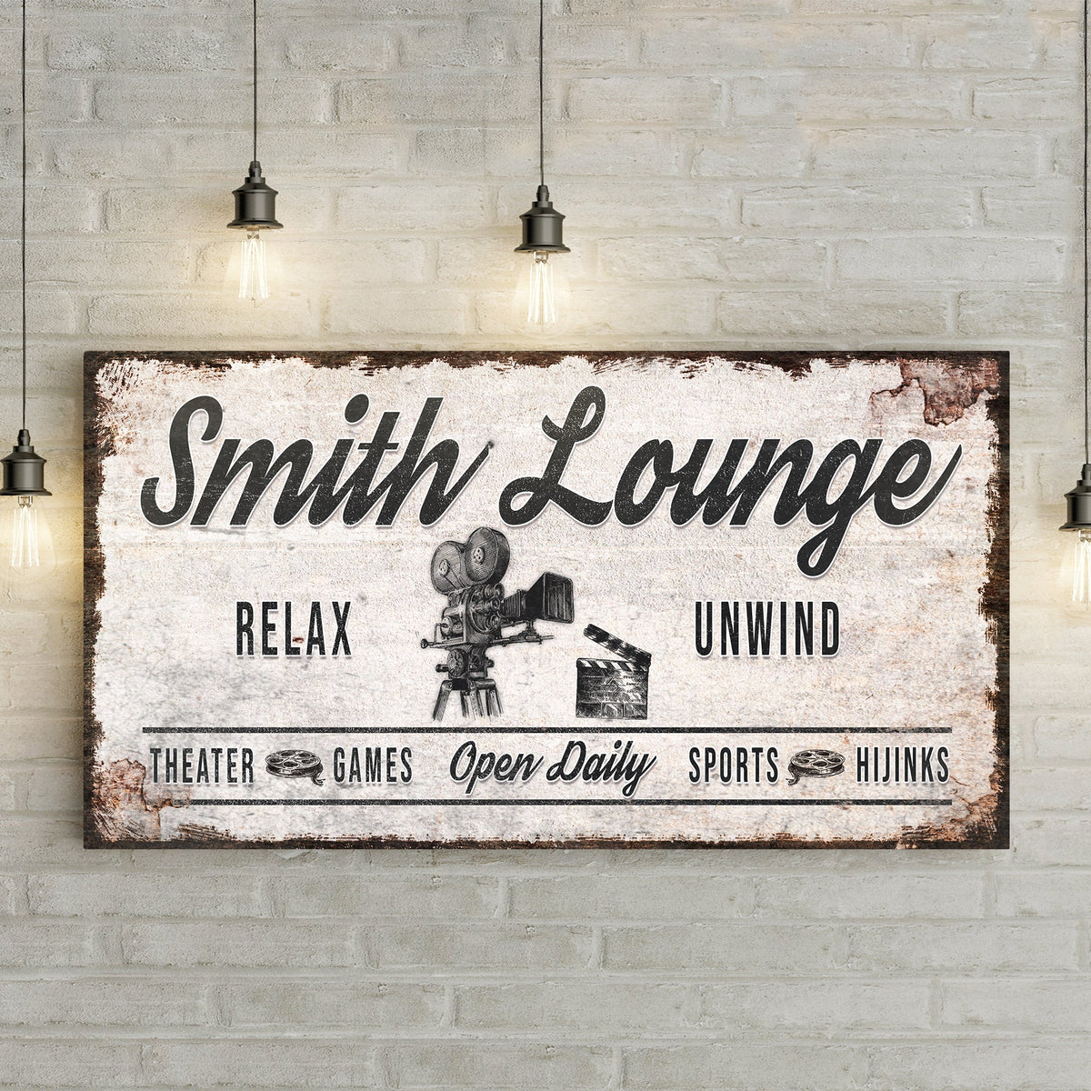 Relax Unwind Theatre Lounge canvas sign by Tailored Canvases with vintage film camera graphic on a rustic brick backdrop on Tampa Home & Garden Store