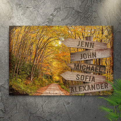 Autumn Road Family Name Sign canvas with names JENN JOHN MICHAEL SOFIA in a forest scene on Tampa Home & Garden Store