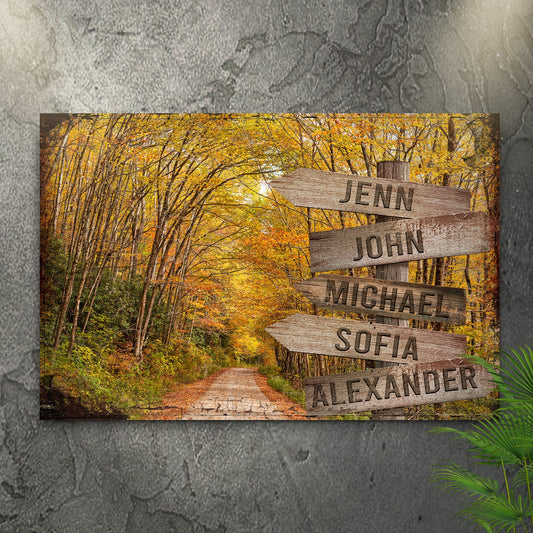 Autumn Road Family Name Sign canvas with names JENN JOHN MICHAEL SOFIA in a forest scene on Tampa Home & Garden Store