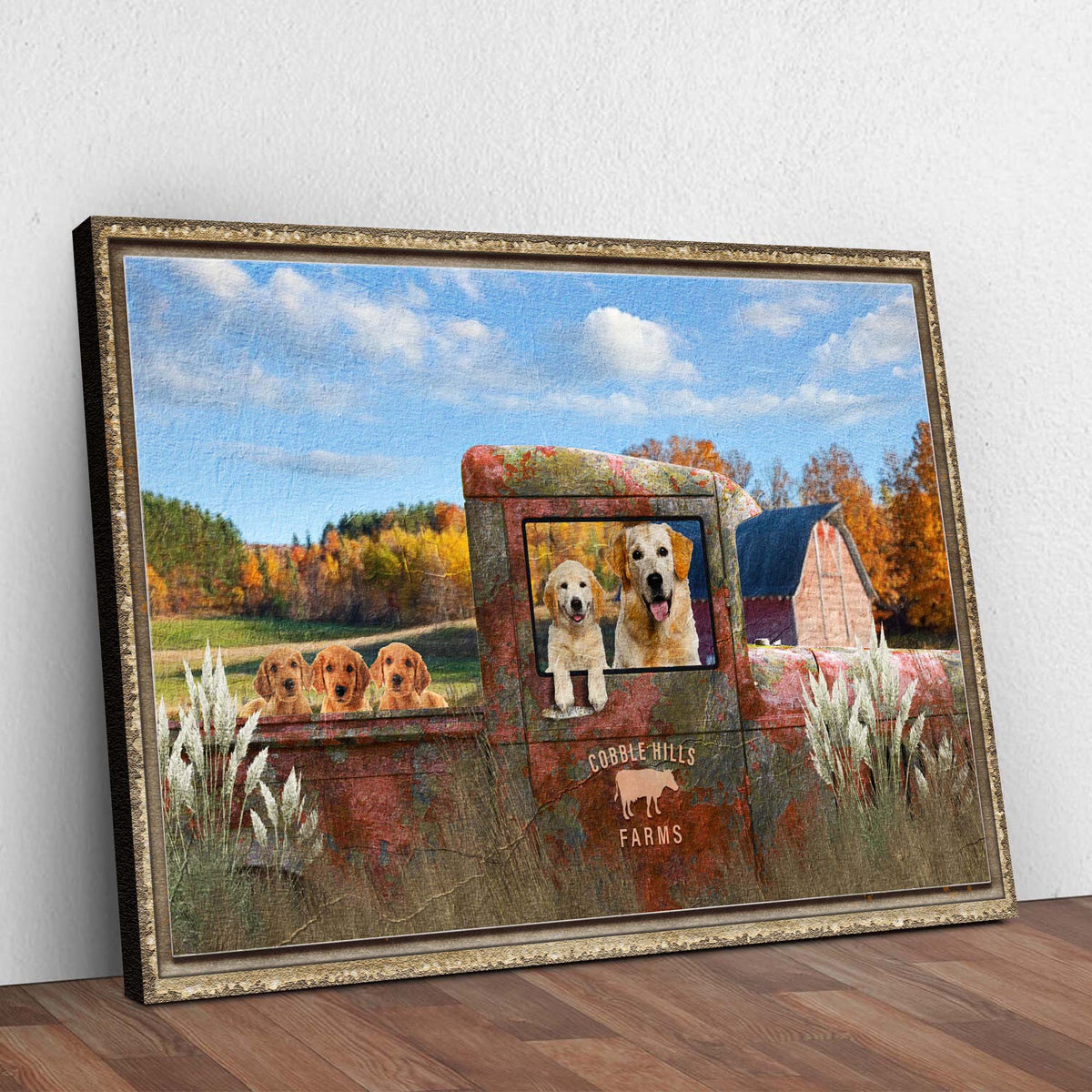 Pet Family Farm Name Sign canvas by Tailored Canvases showing a rustic farm scene with dogs on Tampa Home & Garden Store