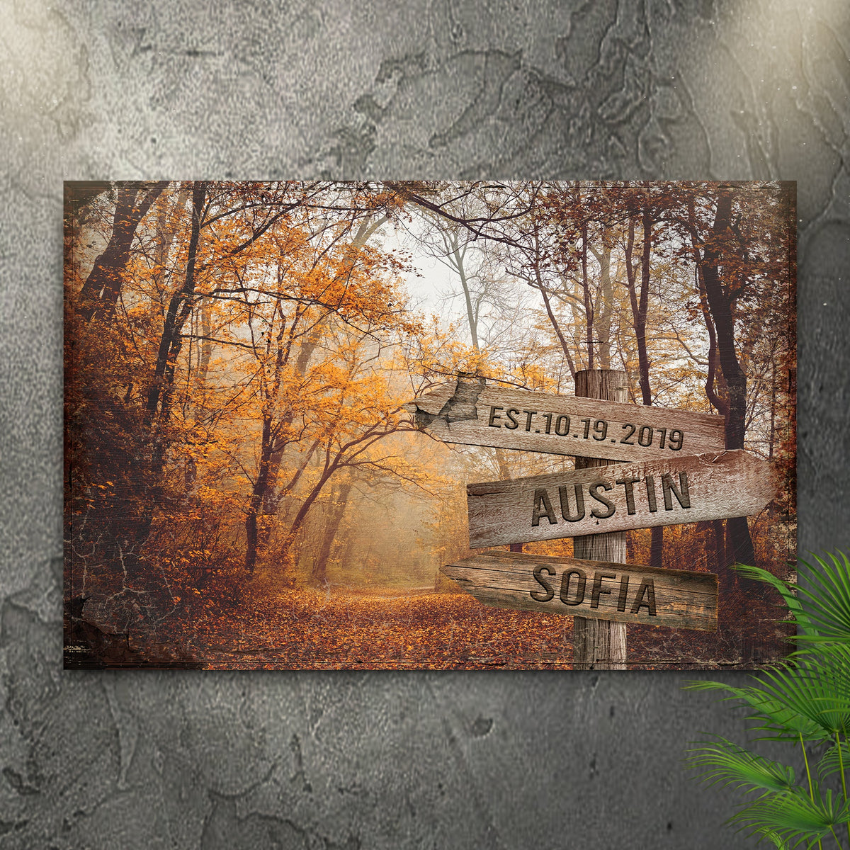 Autumn Road Couple Name Sign canvas with wooden plaques AUSTIN and SOFIA by Tailored Canvases on Tampa Home & Garden Store