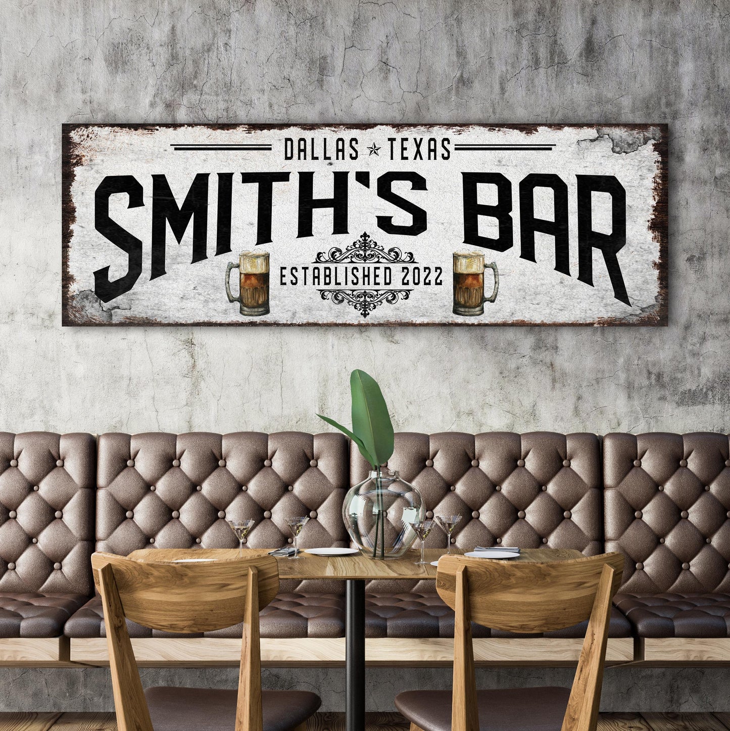 Rustic Bar Sign II canvas by Tailored Canvases with SMITH'S BAR and Dallas Texas header on Tampa Home & Garden Store