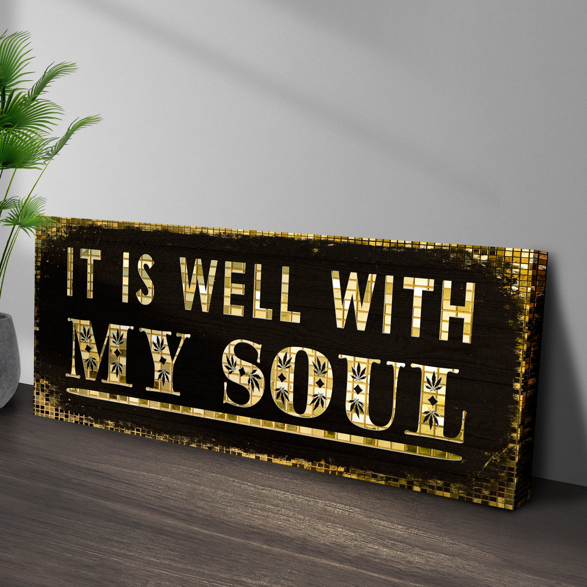 It Is Well With My Soul Sign II canvas crafting sign with gold mosaic border and palm decor on Tampa Home & Garden Store