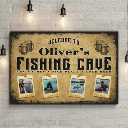 Welcome Fishing Cave Sign canvas by Tailored Canvases, sign with fishing emporium motif on Tampa Home & Garden Store