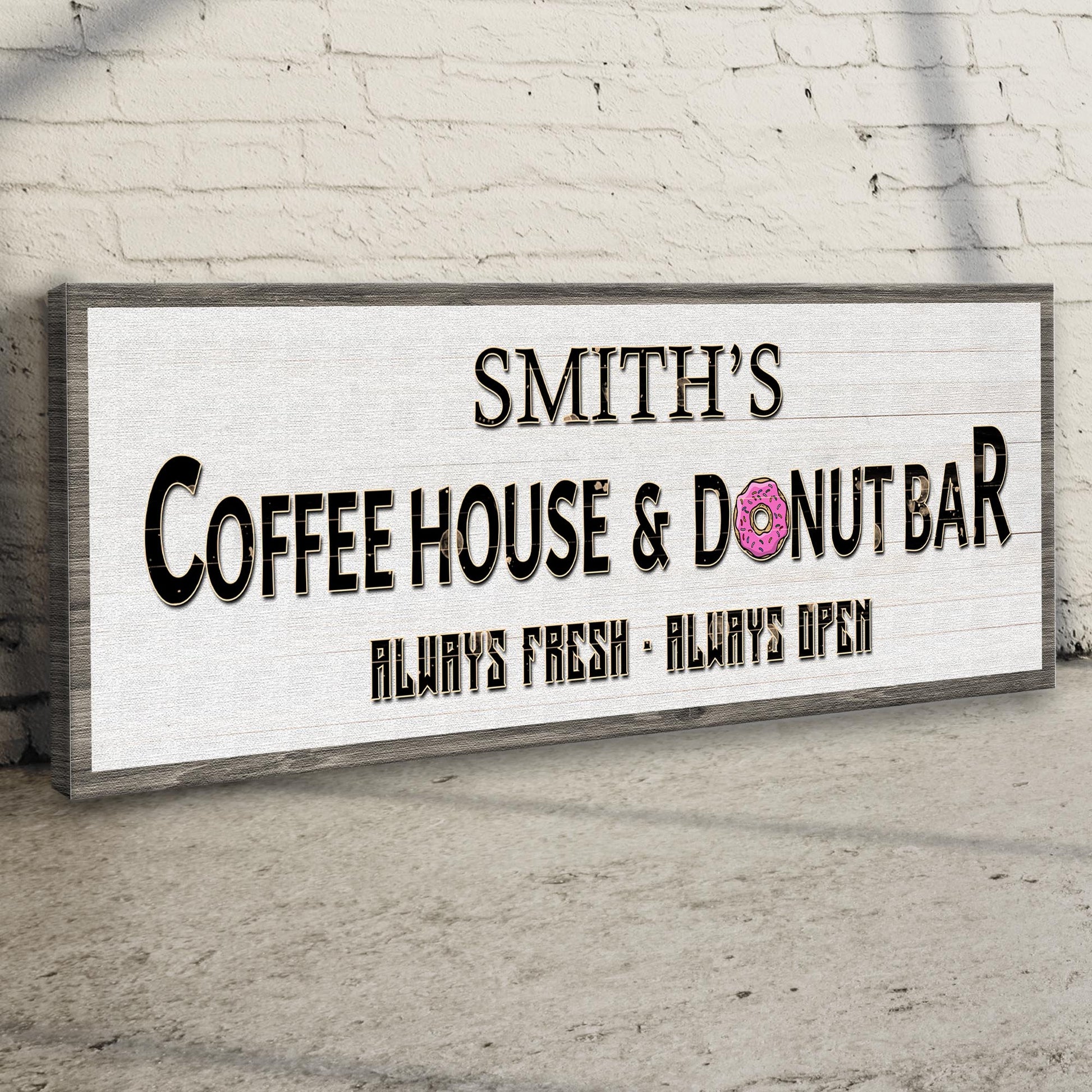 Canvas sign Coffee House And Donut Bar Sign II by Tailored Canvases, black text and donut icon on Tampa Home & Garden Store