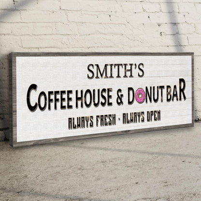 Canvas sign Coffee House And Donut Bar Sign II by Tailored Canvases, black text and donut icon on Tampa Home & Garden Store