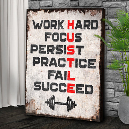 HUSTLE Sign canvas by Tailored Canvases rustic bold black red text WORK HARD FOCUS PERSIST on Tampa Home & Garden Store