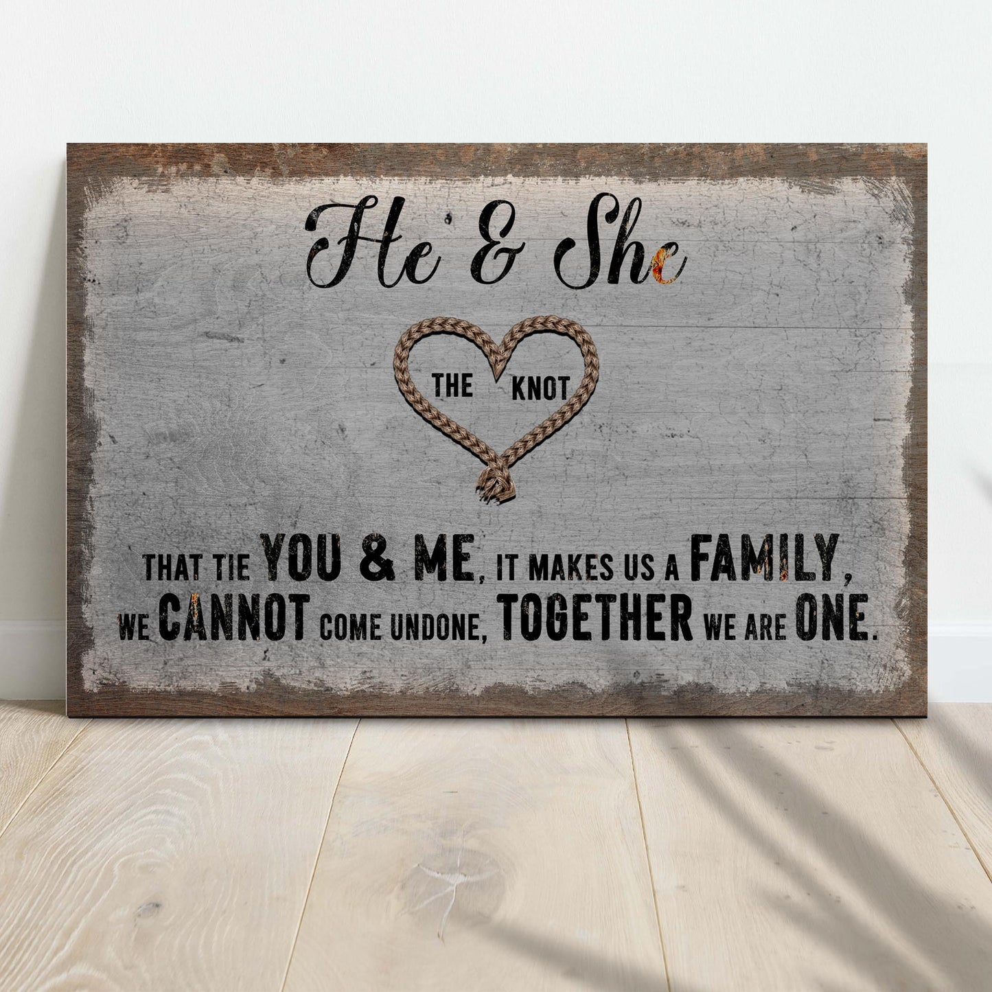 Tailored Canvases crafting canvas sign He & She You & Me Together with rustic wood and rope heart on Tampa Home & Garden Store