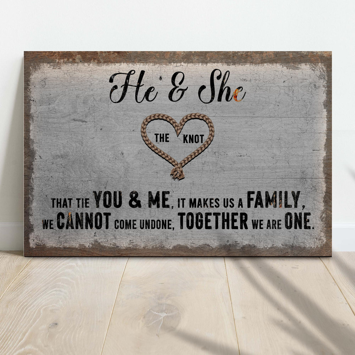 Tailored Canvases crafting canvas sign He & She You & Me Together with rustic wood and rope heart on Tampa Home & Garden Store