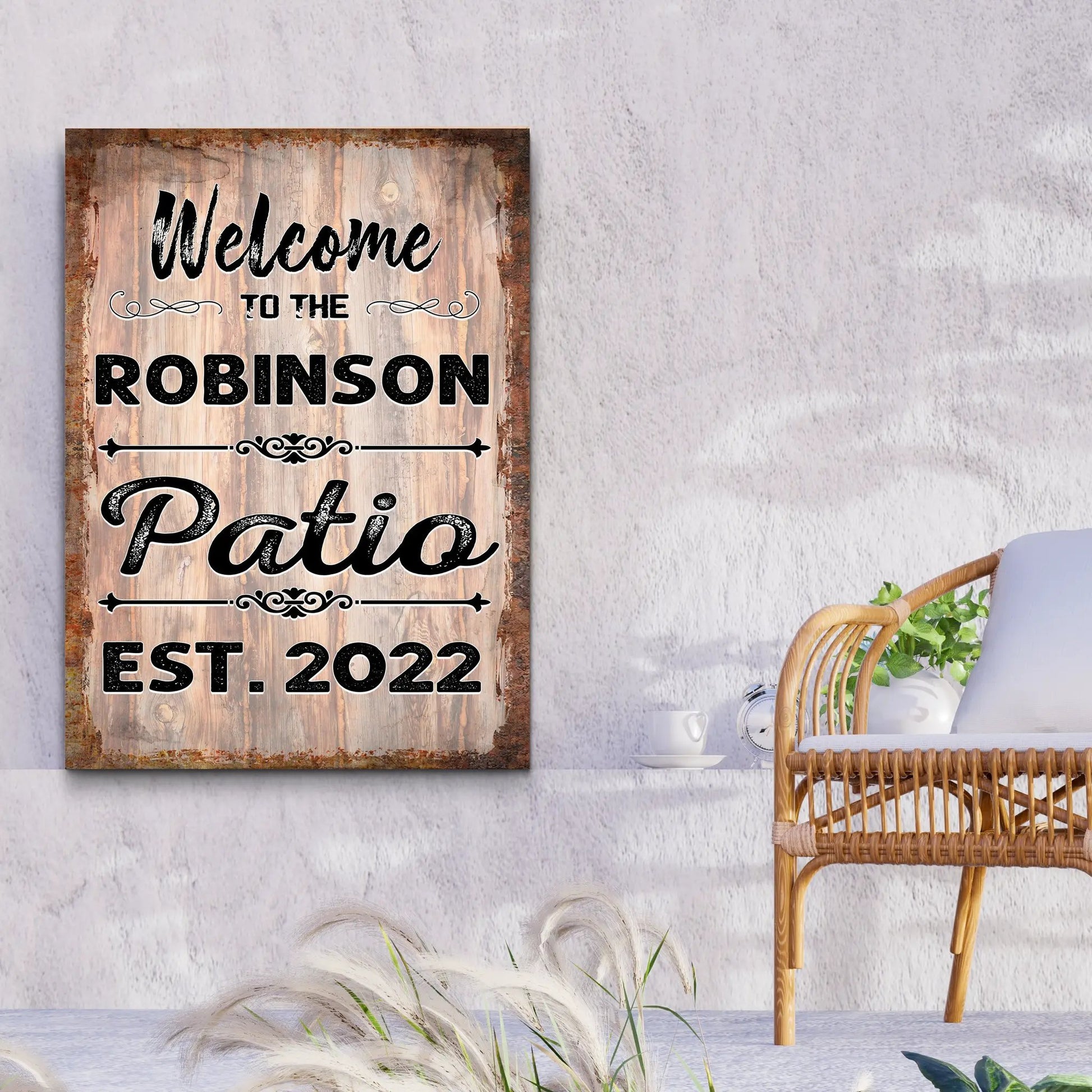 Canvas sign Welcome To The Patio IV with rustic wood texture by Tailored Canvases on Tampa Home & Garden Store