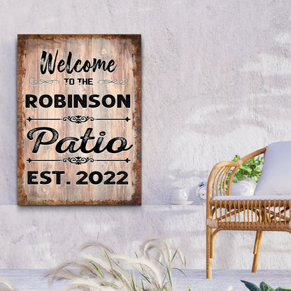 Canvas sign Welcome To The Patio IV with rustic wood texture by Tailored Canvases on Tampa Home & Garden Store