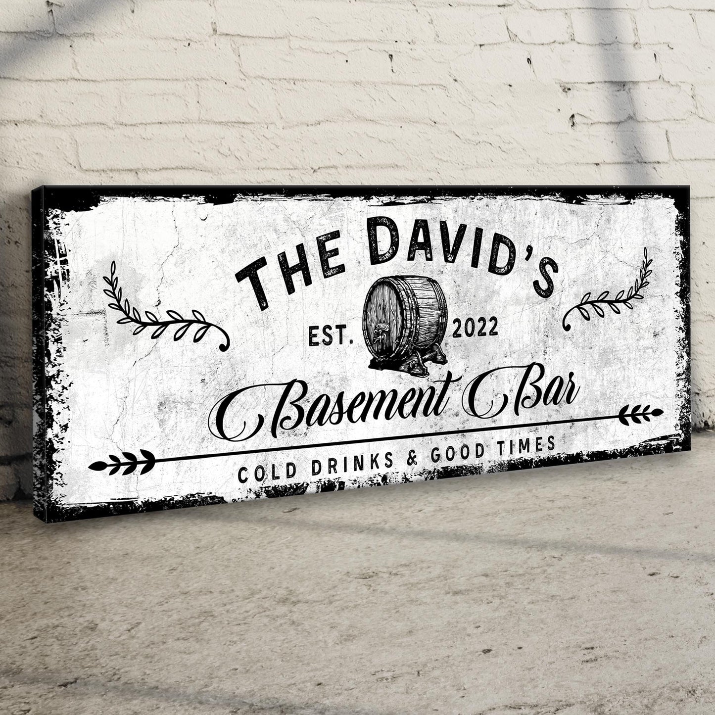 Basement Bar Barrel Sign canvas by Tailored Canvases with distressed texture and vintage barrel on Tampa Home & Garden Store
