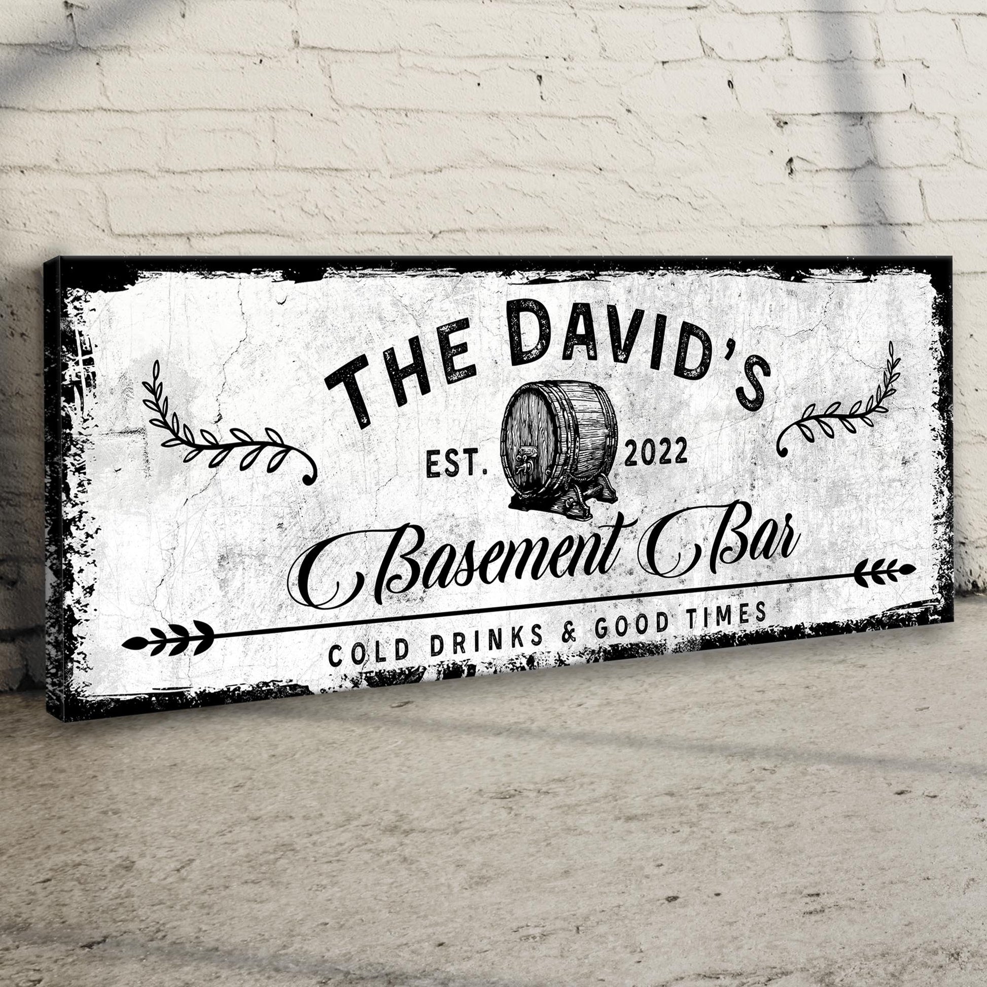 Basement Bar Barrel Sign canvas by Tailored Canvases with distressed texture and vintage barrel on Tampa Home & Garden Store