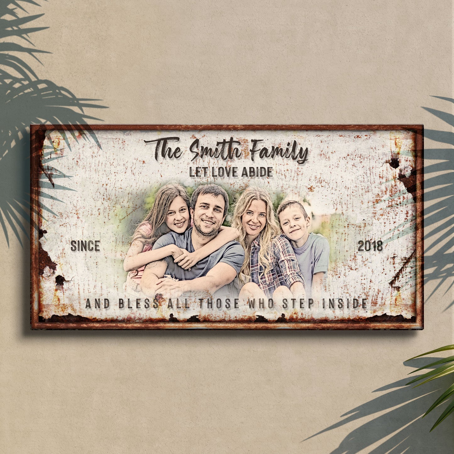 Tailored Canvases rustic framed canvas sign featuring The Smith Family and Let Love Abide on Tampa Home & Garden Store
