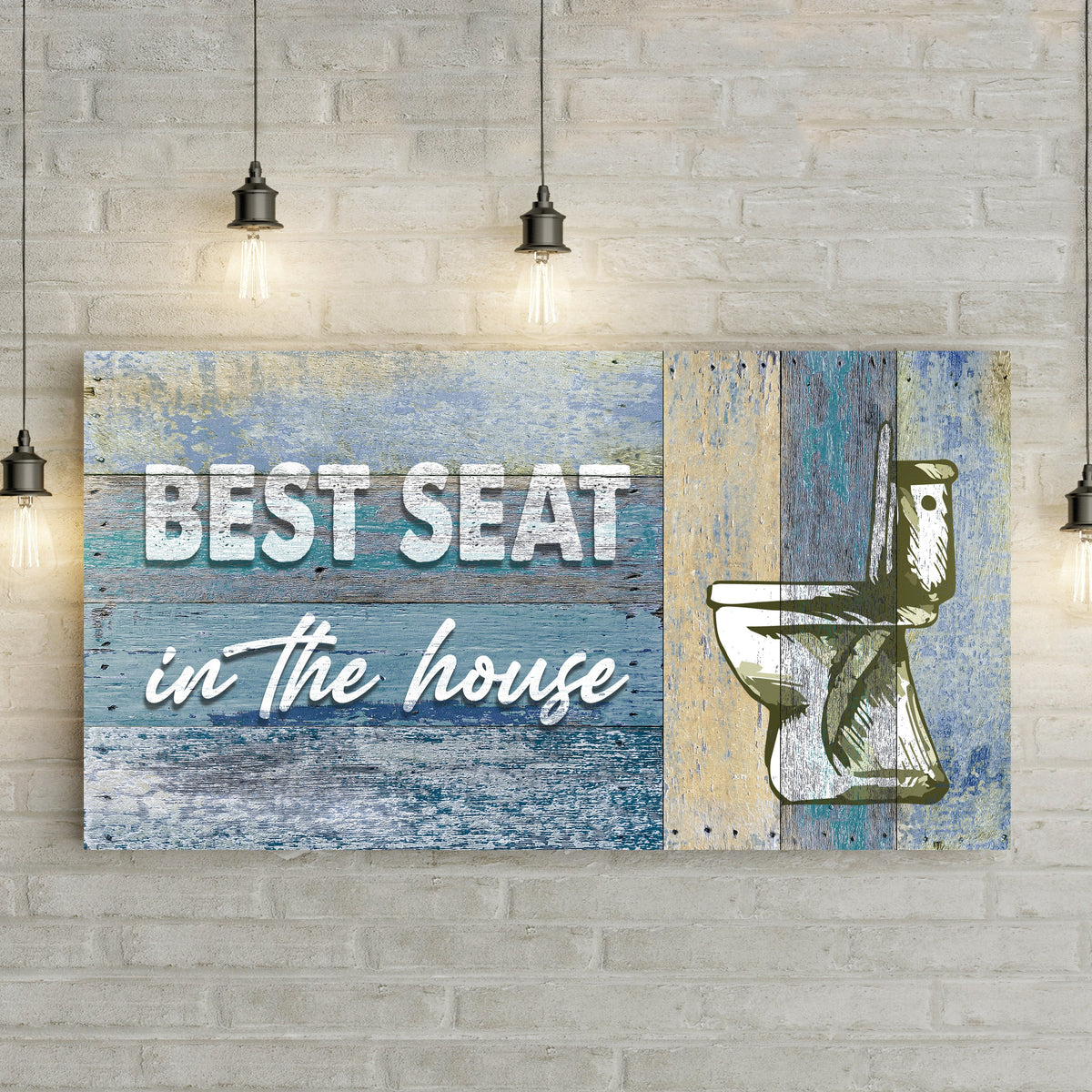 Best Seat In The House Toilet Sign II canvas crafting sign with blue weathered wood panels on Tampa Home & Garden Store