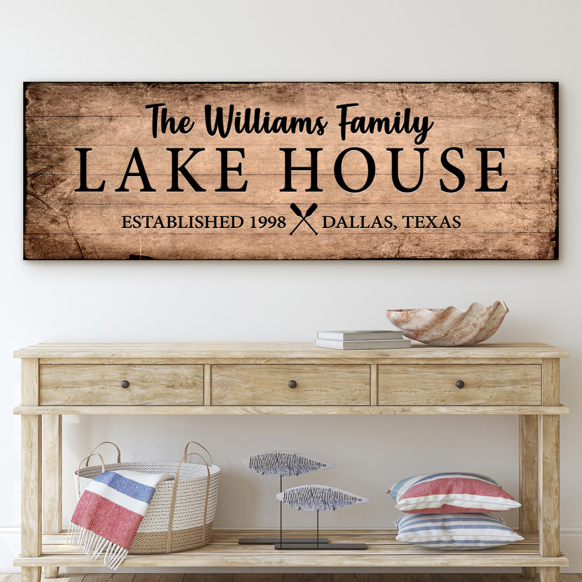 Family Lake House Sign VI canvas wall art with rustic wood plank background Tailored Canvases on Tampa Home & Garden Store