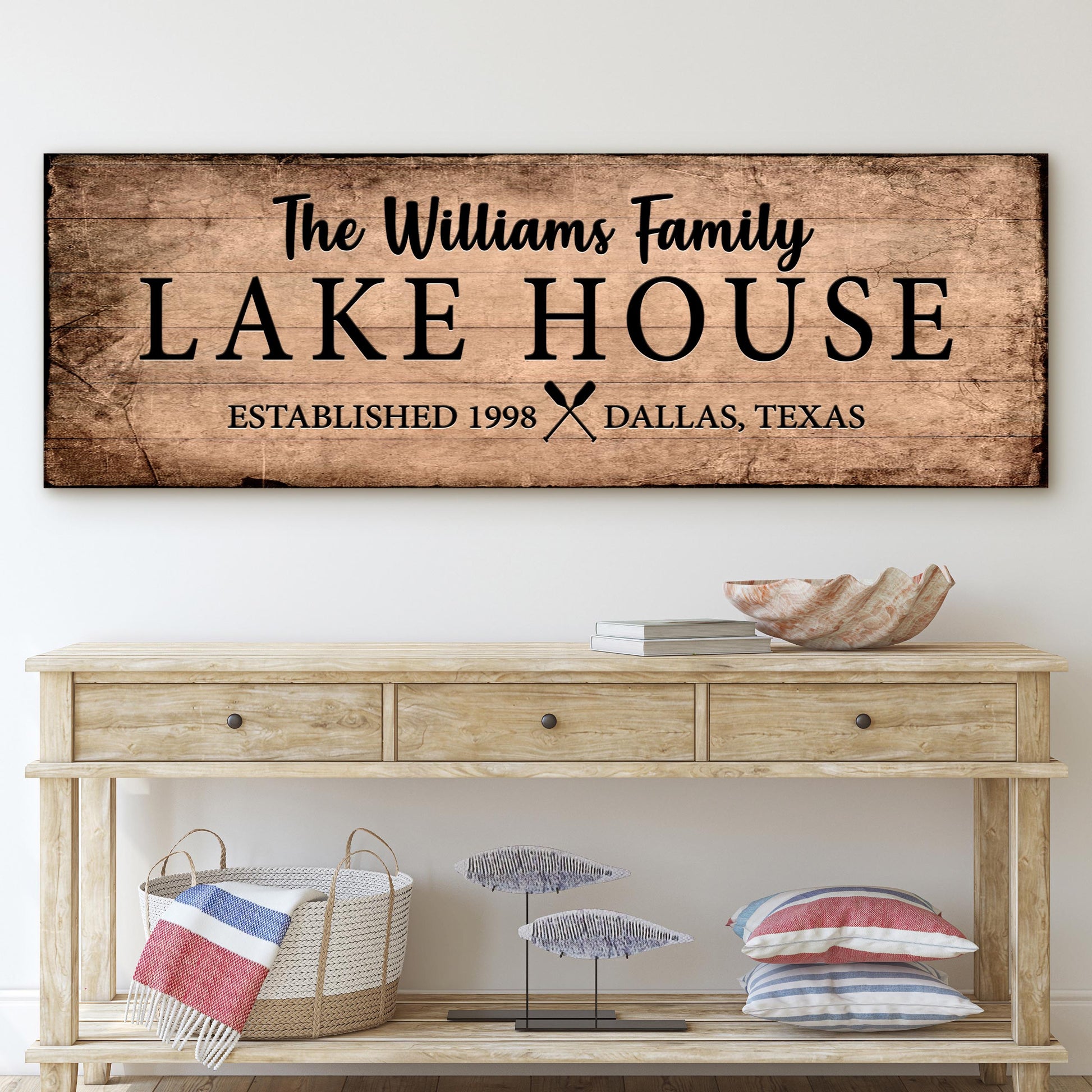 Family Lake House Sign VI canvas wall art with rustic wood plank background Tailored Canvases on Tampa Home & Garden Store