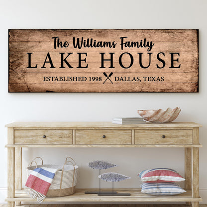 Family Lake House Sign VI canvas wall art with rustic wood plank background Tailored Canvases on Tampa Home & Garden Store